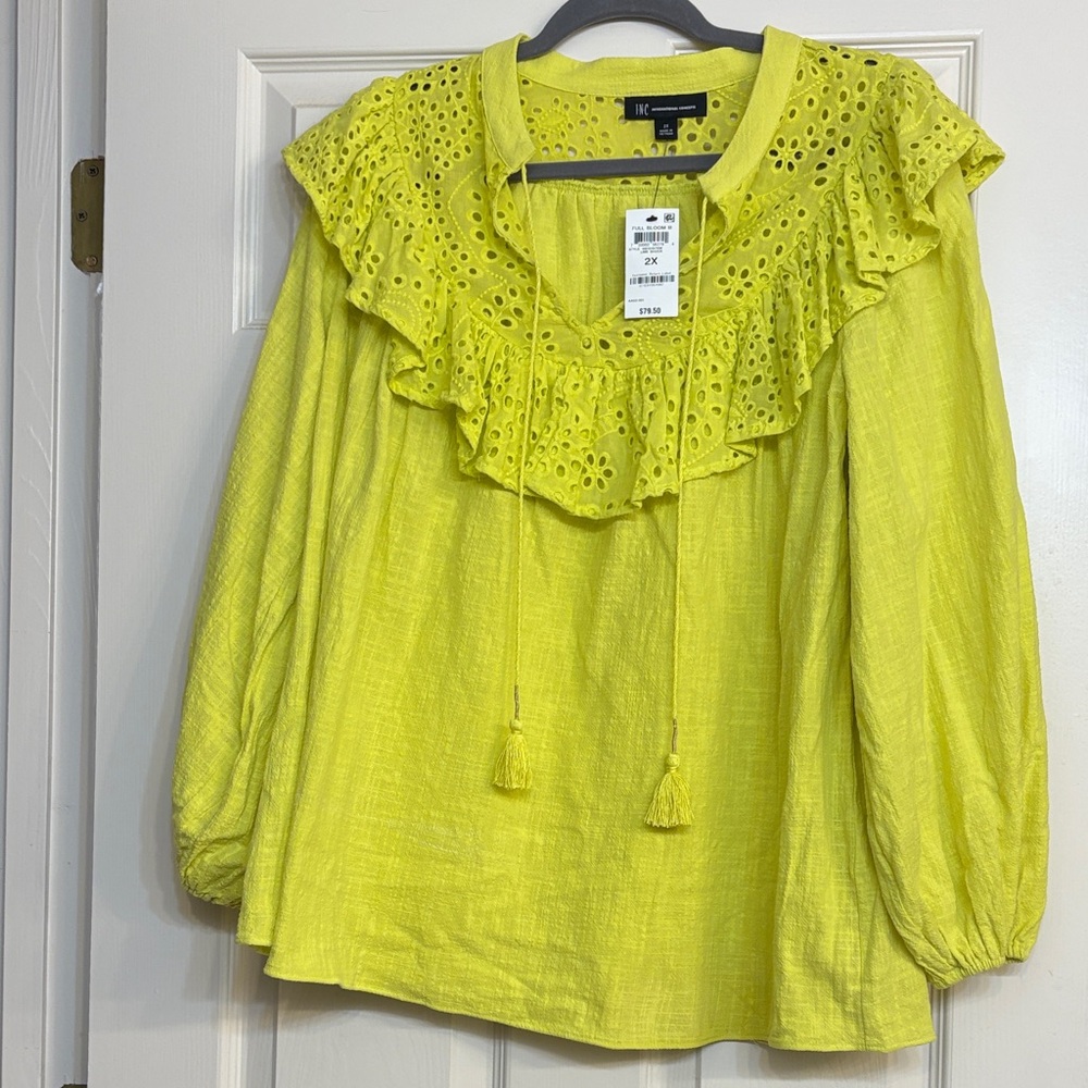 INC International Concepts Yellow Blouse with Eyelet Ruffle